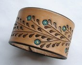Little Blue Flowers on a Wide Leather Wristband
