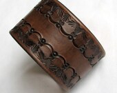 Brown Leather Cuff for Men or Women - Wide - Tooled 'Variation on Reticulation'