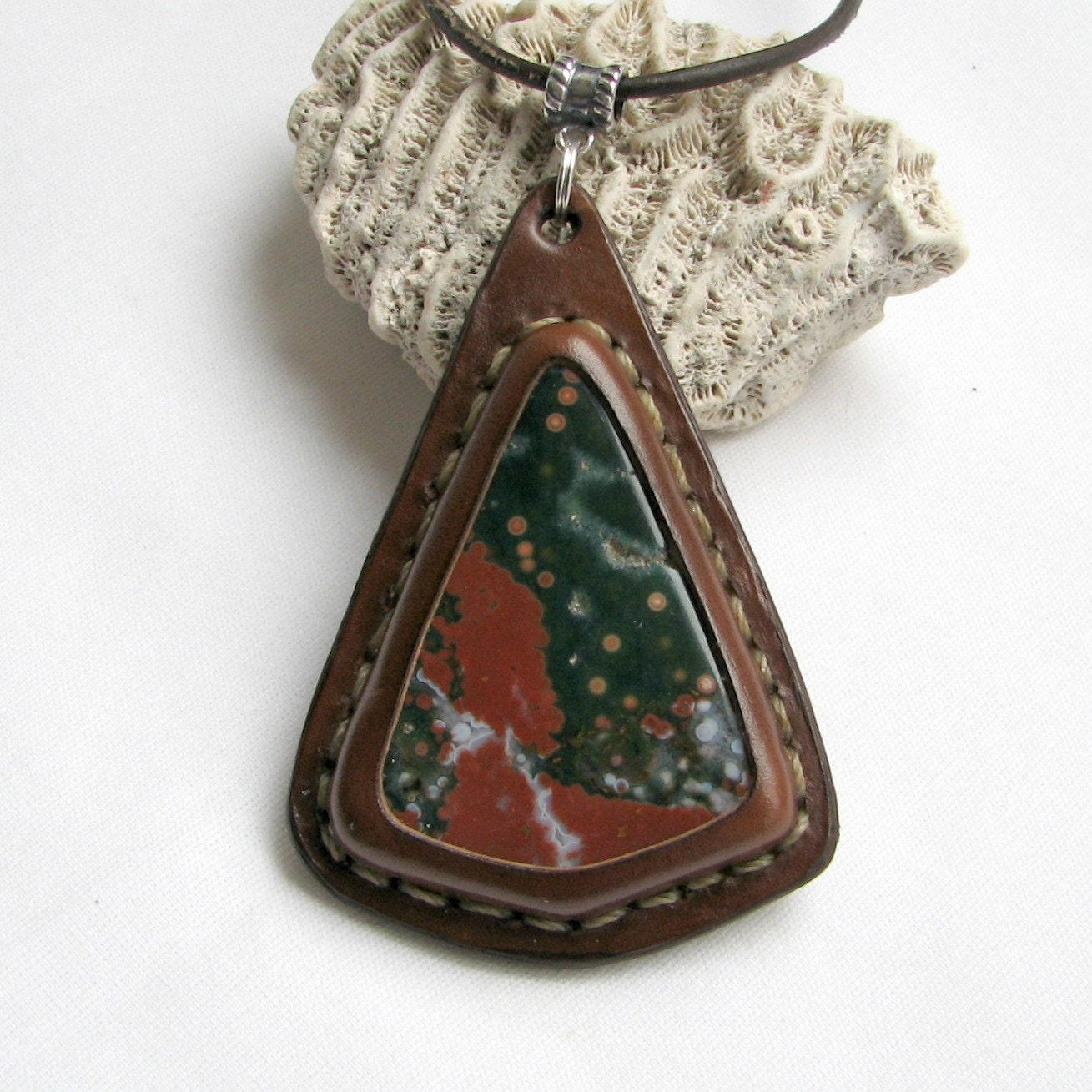 Ocean Jasper Necklace - Stone and Leather Pendant - Earth Medallion