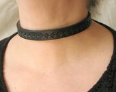 Black Leather Choker - Tooled Diamond Design - Retro Neck-Wear