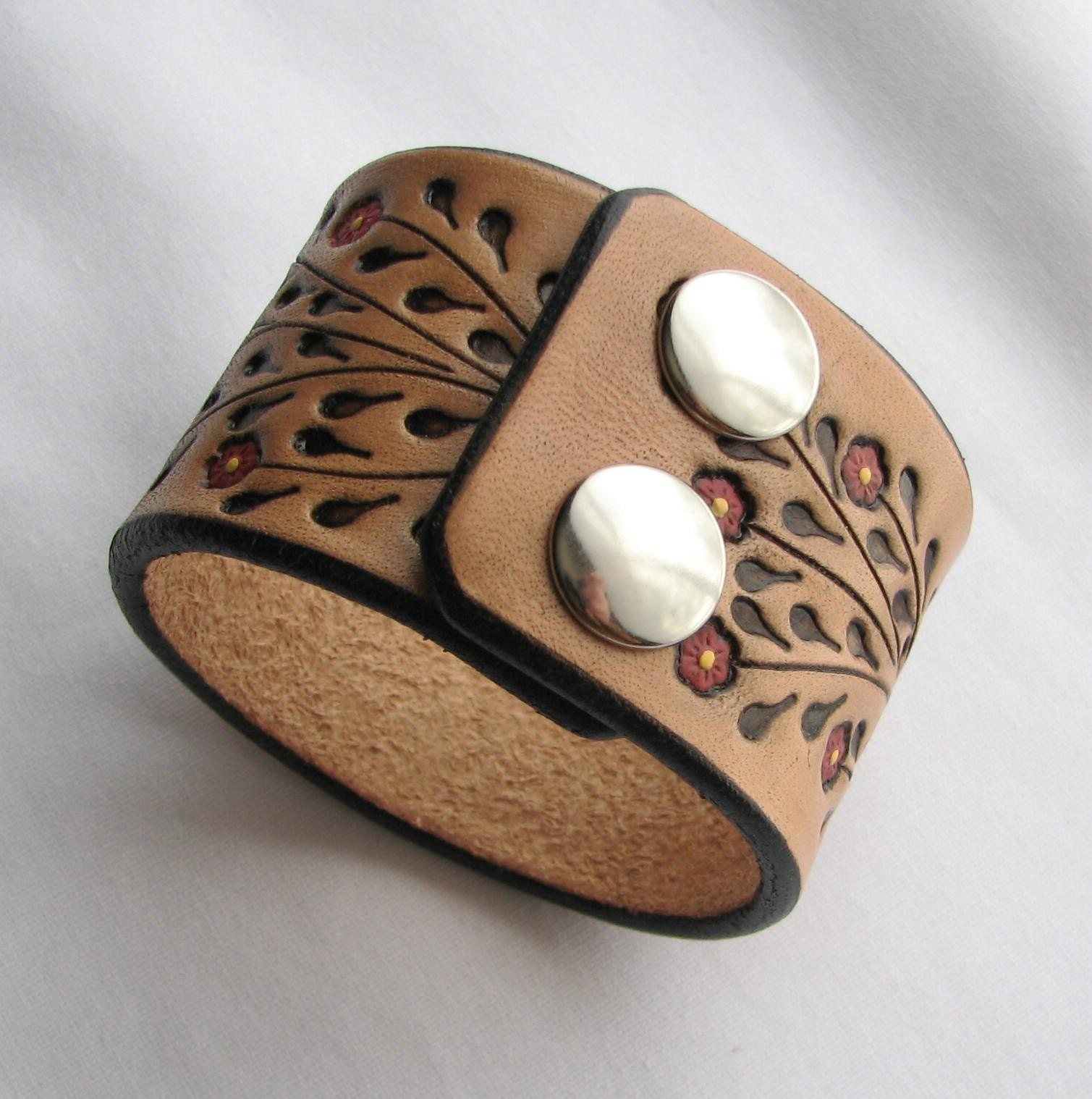 Little Red Flowers on a Wide Leather Cuff