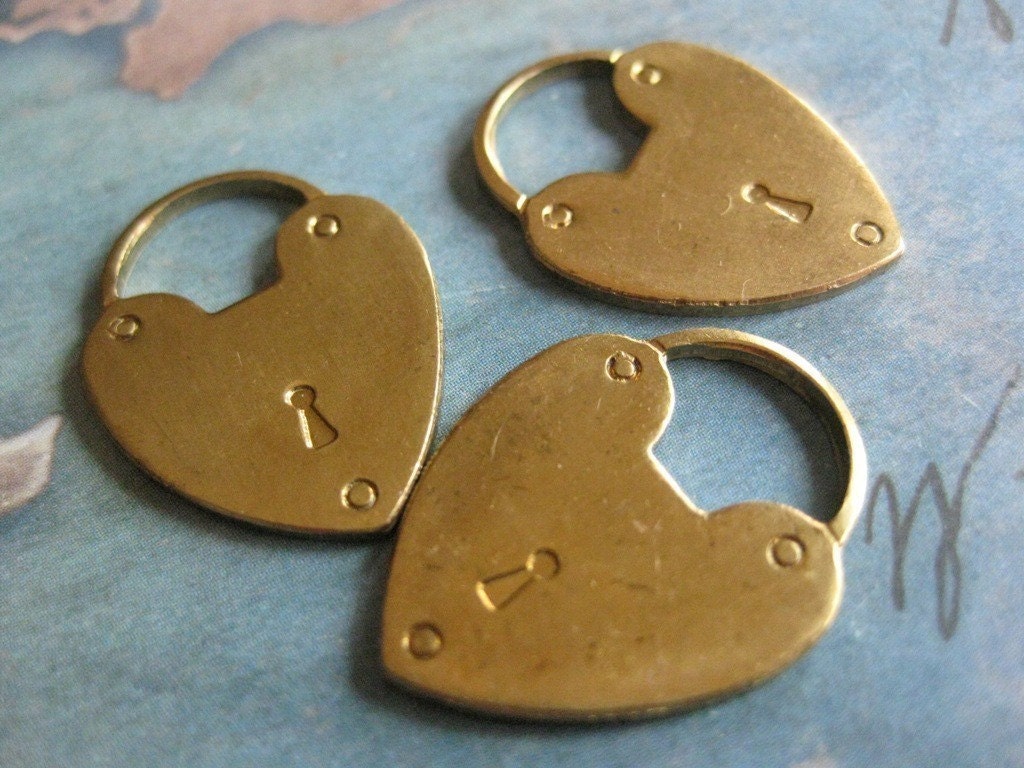 2 PC Solid Raw Brass Heart Padlock Finding - BB09