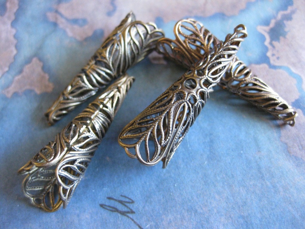 2 PC Large Brass Victorian Aglet - Filigree Cone / Bead or Tassel Cap - MM06