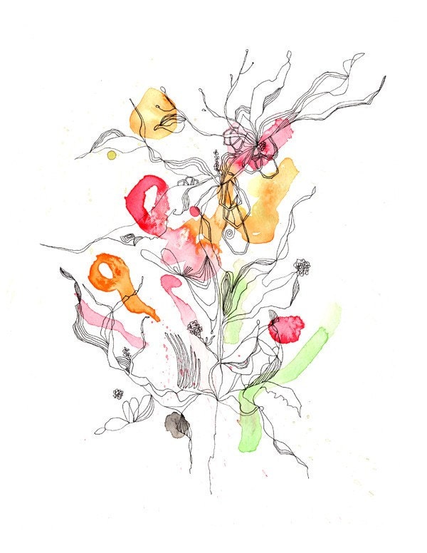 Blossoms Series 43 art PRINT- giclee print-  8.5x11from watercolor mix media drawing- wall decor- wall art
