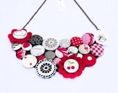Unique red, white and black statement fabric doily buttons and flowers bib felt necklace