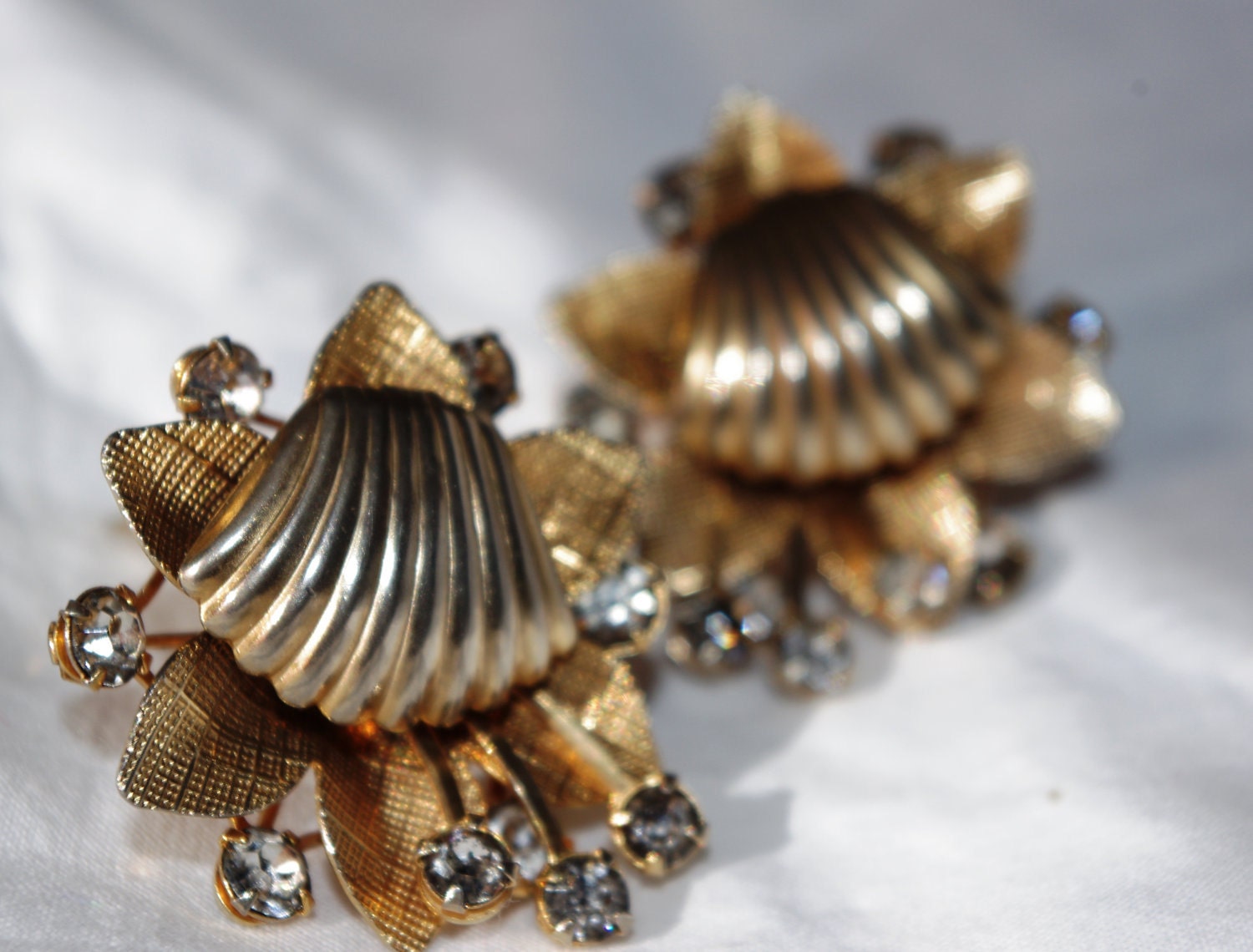 Gold Shell and Rhinestone Earrings