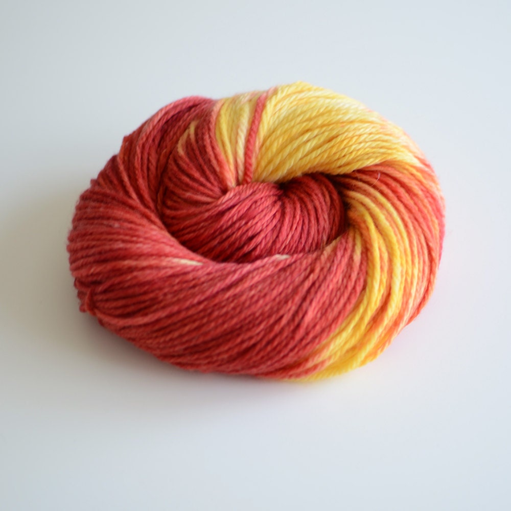 Hand Dyed Yarn - Merino Cashmere Nylon Blend - 181 Yards Bulky Weight - Tremors - Brick Red and Golden Yellow