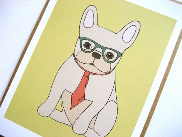 french bulldog with glasses note cards set of 5 // sunny yellow