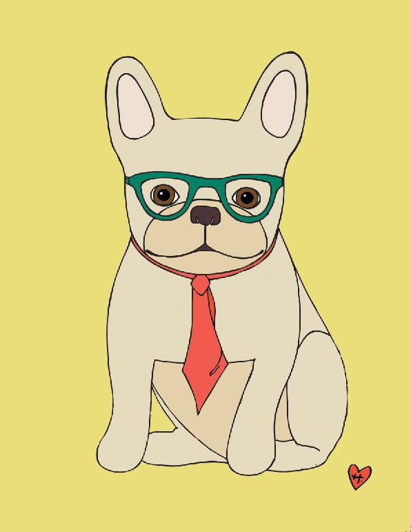 french bulldog with glasses note cards set of 5 // sunny yellow