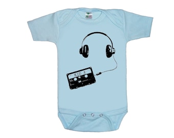KID A  headphones and cassette tape baby bodysuit one piece creeper silkscreen screenprint Choose Size
