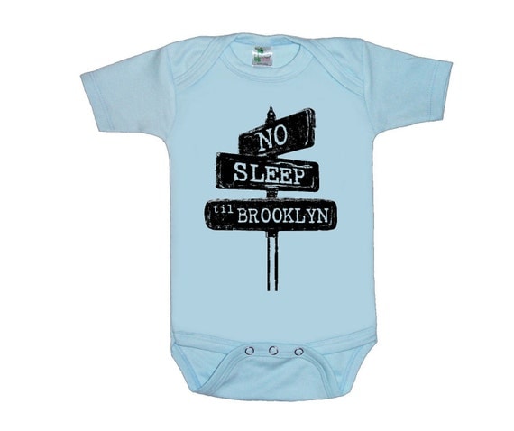 No sleep til brooklyn Blue baby shirt creeper one piece bodysuit silkscreen screenprint Choose Size