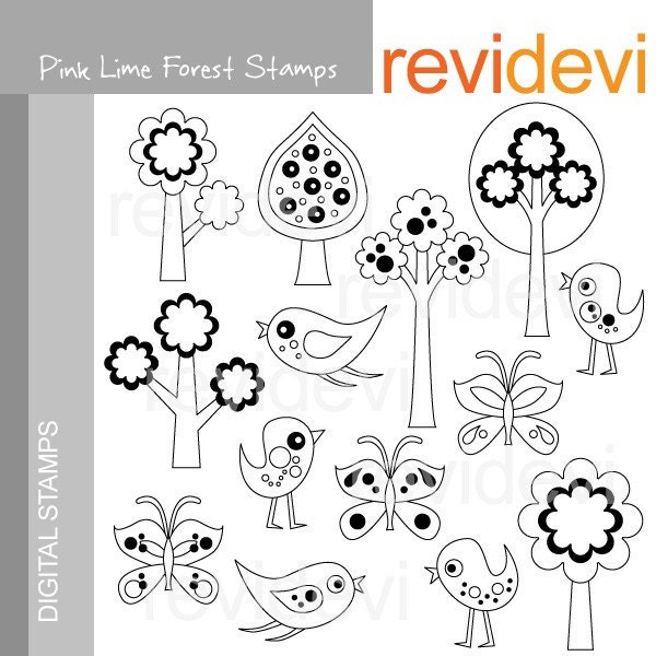 Pink Lime Forest Stamps 07193 - Cute Digital Stamps - Clipart for Commercial Use