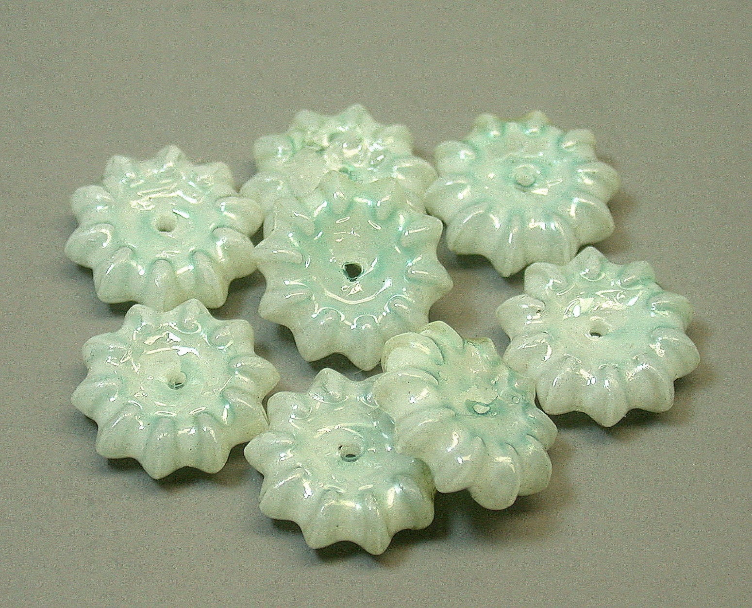 Vintage Aqua Ruffled Japanese Lucite Bead Spacers 15mm pkg8 res334
