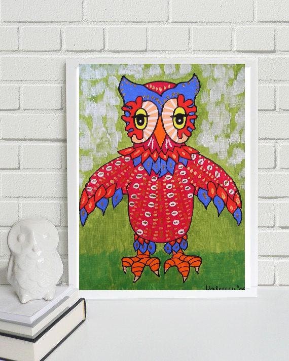 Queenie, the Queen of Night Owls... original painting, 4.7x6.7", 12x17 cm, gouache, paper, bird, animal, night, surreal, fantasy