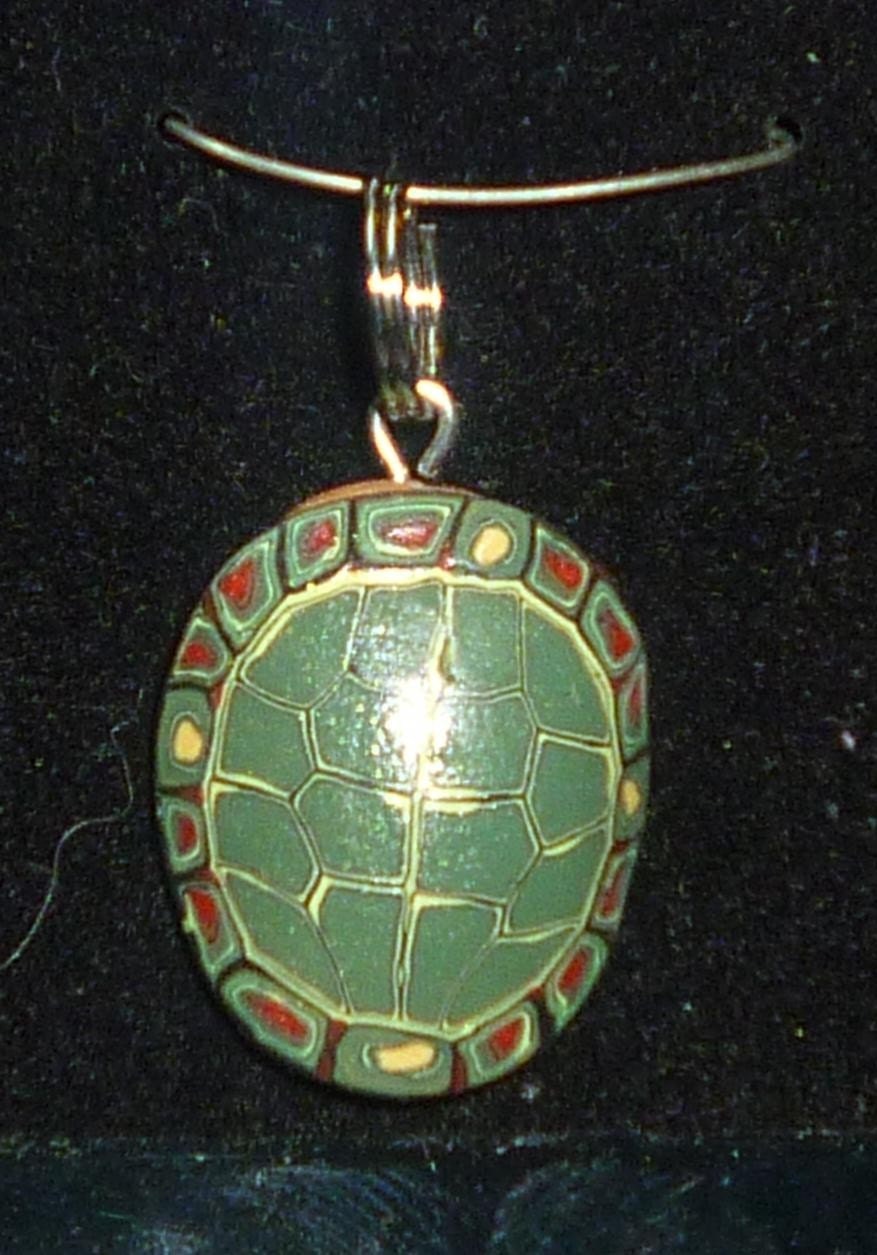 Springtime Green Faux Turtle Shell Necklace Pendant   Red Eared Slider