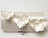 Ivory Orchid Flower Bridal Clutch or Bridesmaid Clutch - Satin Kisslock Snap Petite Clutch -  Custom Colors - Ivory White Champagne Cream