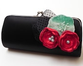 Bridesmaid Clutch Rockabilly Retro Black Clutch - Cherry Red & Velvet Aqua Flower Blooms - Bouquet Clutch -Kisslock Snap Clutch - 50's Glam