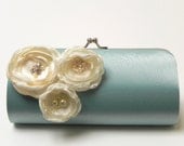 Bridesmaid Clutch Bridal Clutch in Dusty Aqua Seafoam - Ivory Flower Blossoms with Rhinestones - Something Blue