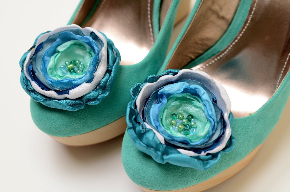 Bridesmaid Bridal Shoe Clips in Blue Teal Seafoam Aqua White - Something Blue Shoe Clips - FallenSparrow