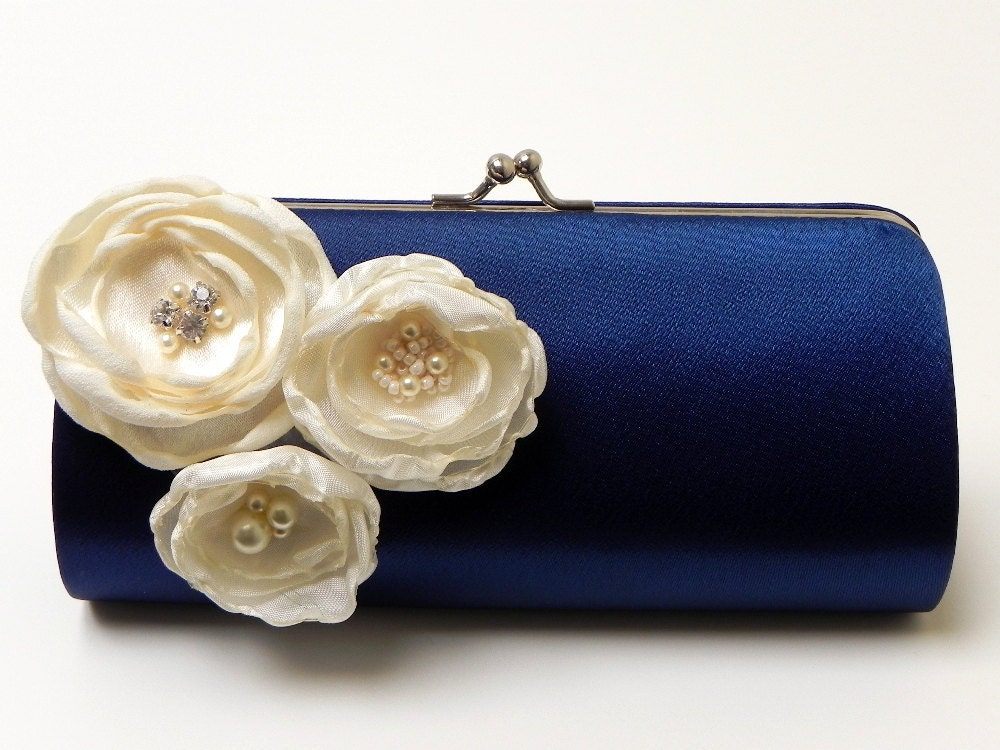Bridesmaid Clutch Navy Blue Bridal Clutch - Ivory Flower Blossoms with Rhinestones - Kisslock Snap Bouquet Clutch -