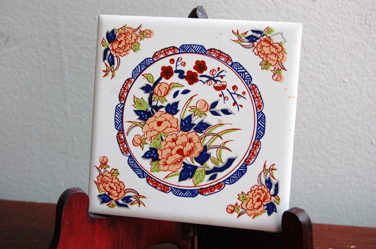 Vintage 1960s Floral Ceramic Tile Trivet