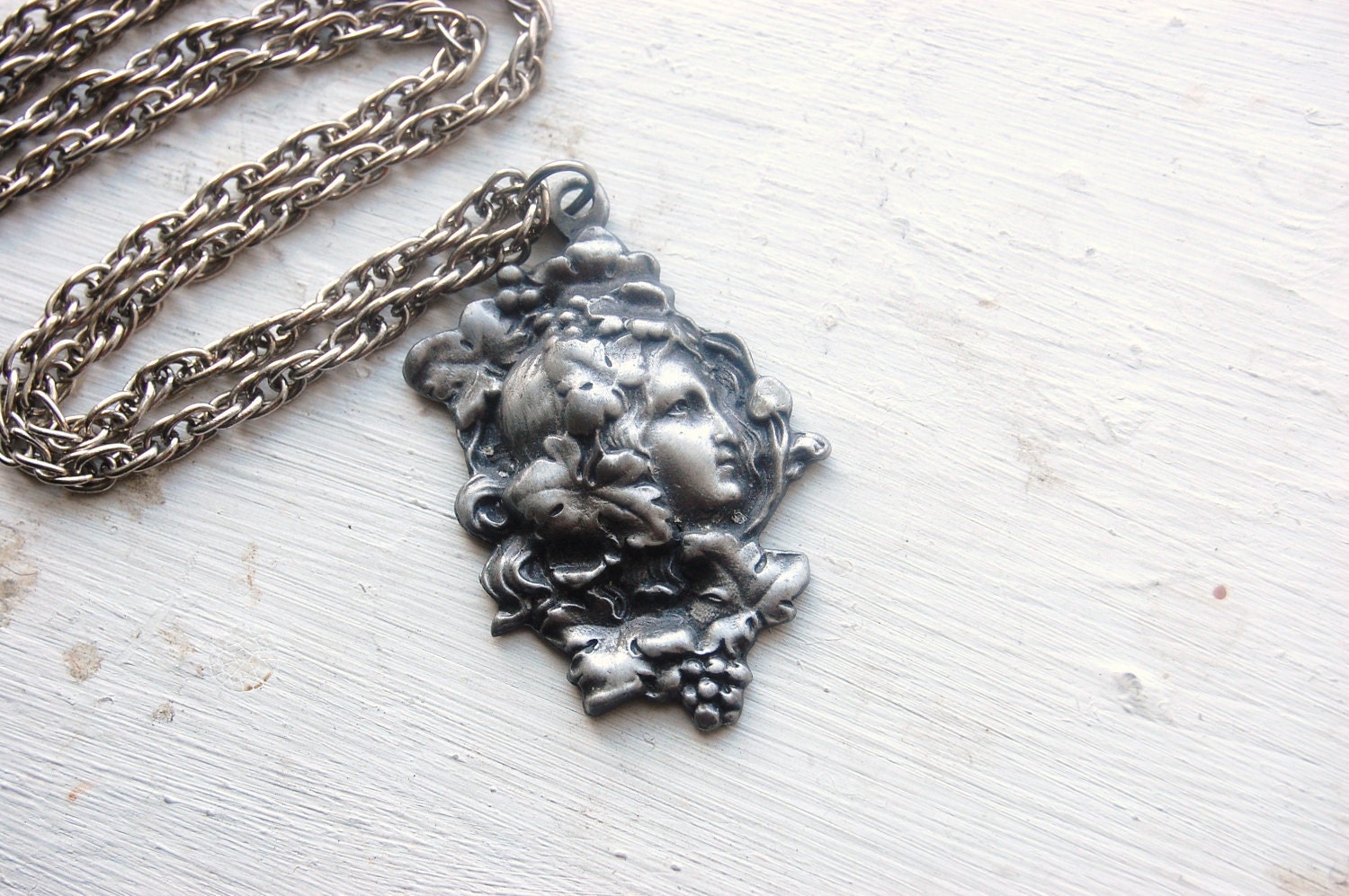 Vintage 1960s Pewter Art Nouveau Flower Girl Pendant Necklace