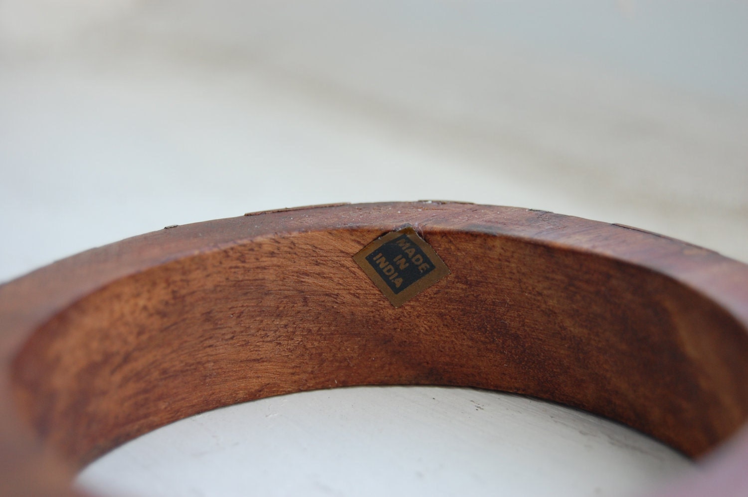 Vintage 1970s Geometric Patina Wood Bangle Bracelet