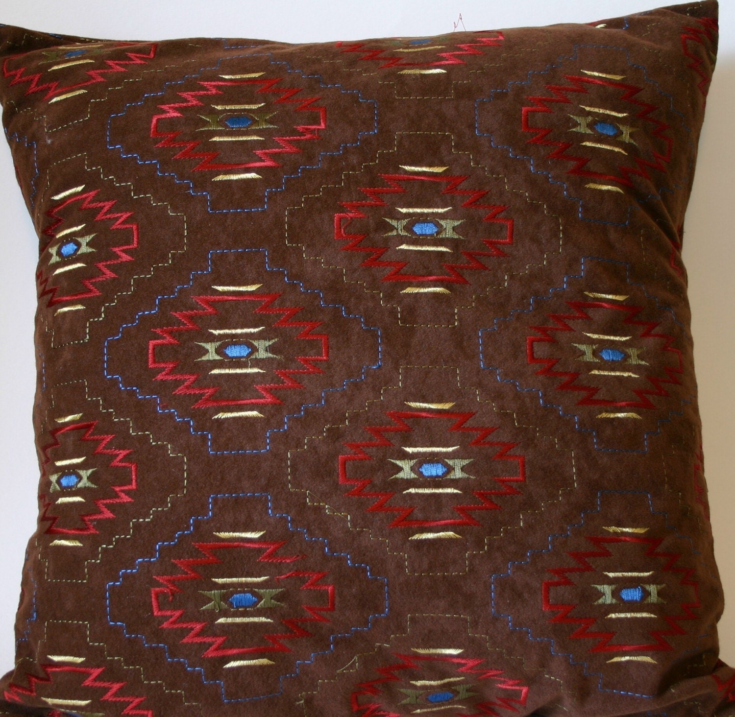 Brown Throw Pillow Cover with Southwestern Designs in Rust, Gold, Green and Turquoise -- 18 x 18