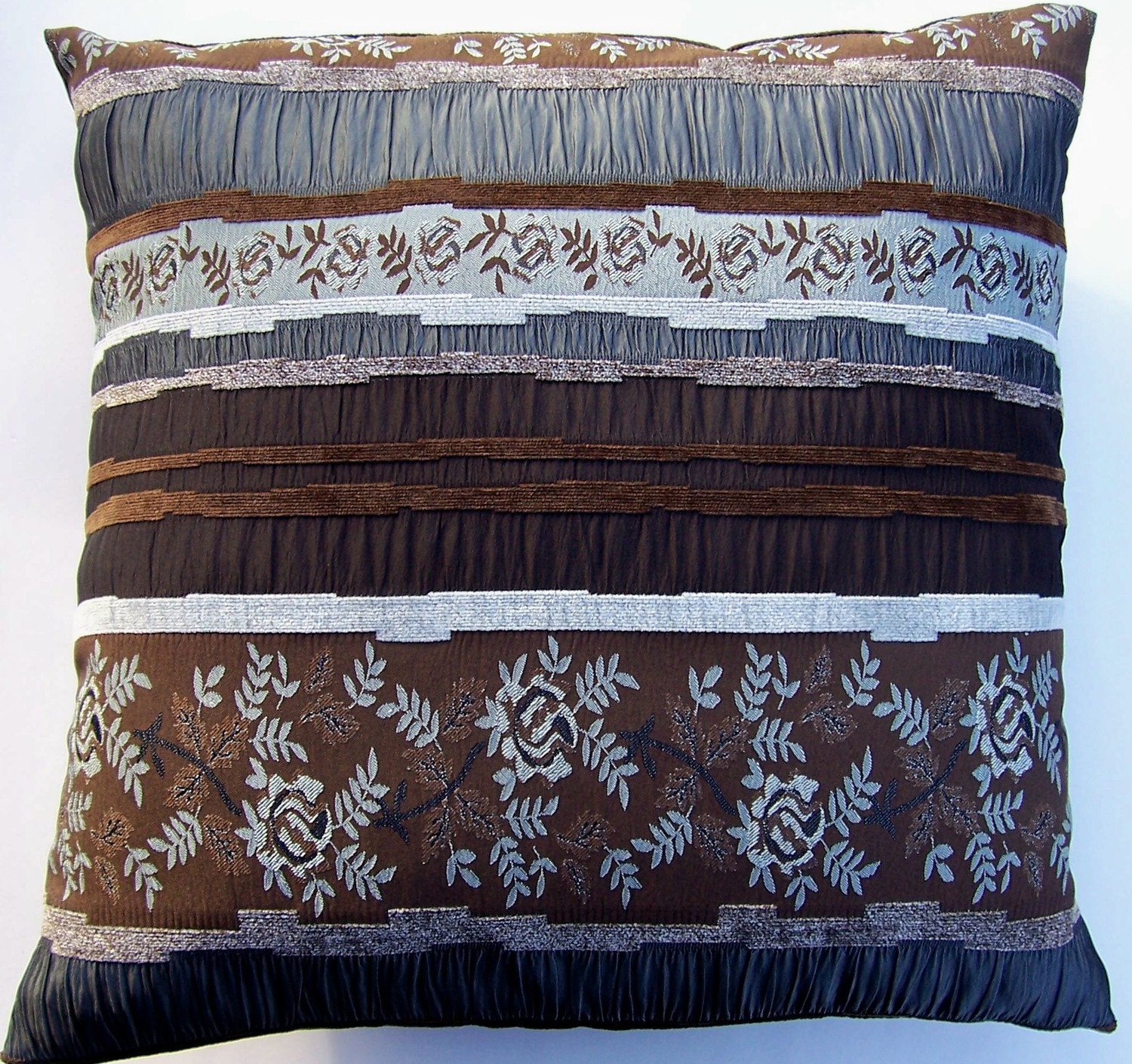 Brown Throw Pillow Cover -- Chocolate and Silver Cushion Cover --18 x 18