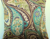 Chocolate Brown Throw Pillow Cover with Teal and Lime Paisleys - 16 x 16