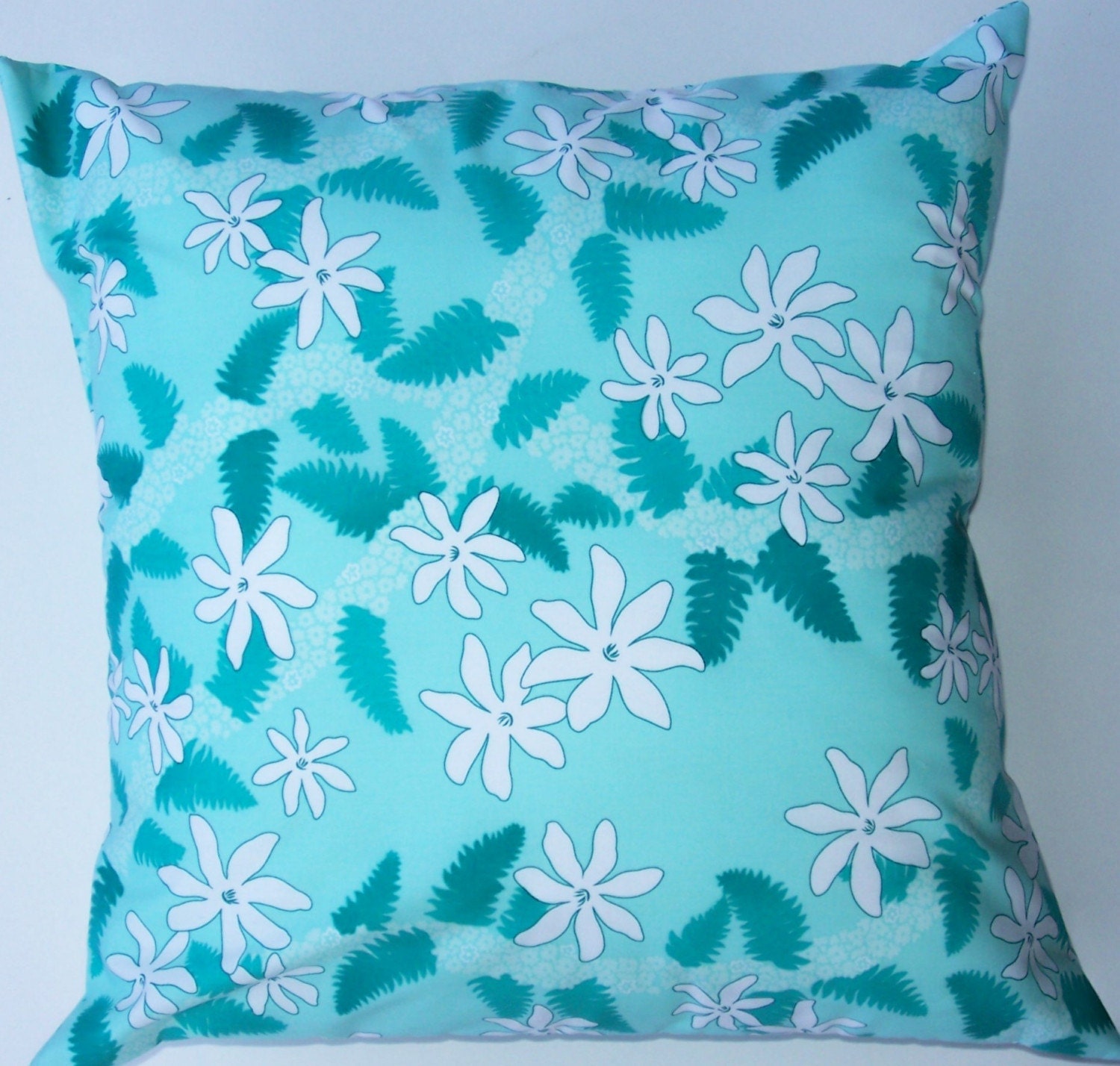 Turquoise and Teal Throw Pillow Cover -- Hawaiian Print Cushion Cover -16 x 16