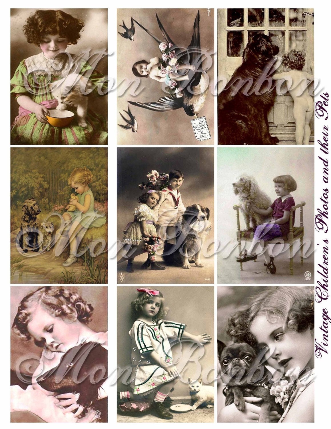 Digital Download of 9 Vintage Children and their Pets Collage Sheet ATC sized 2.5 x 3.5  - INSTANT DOWNLOAD