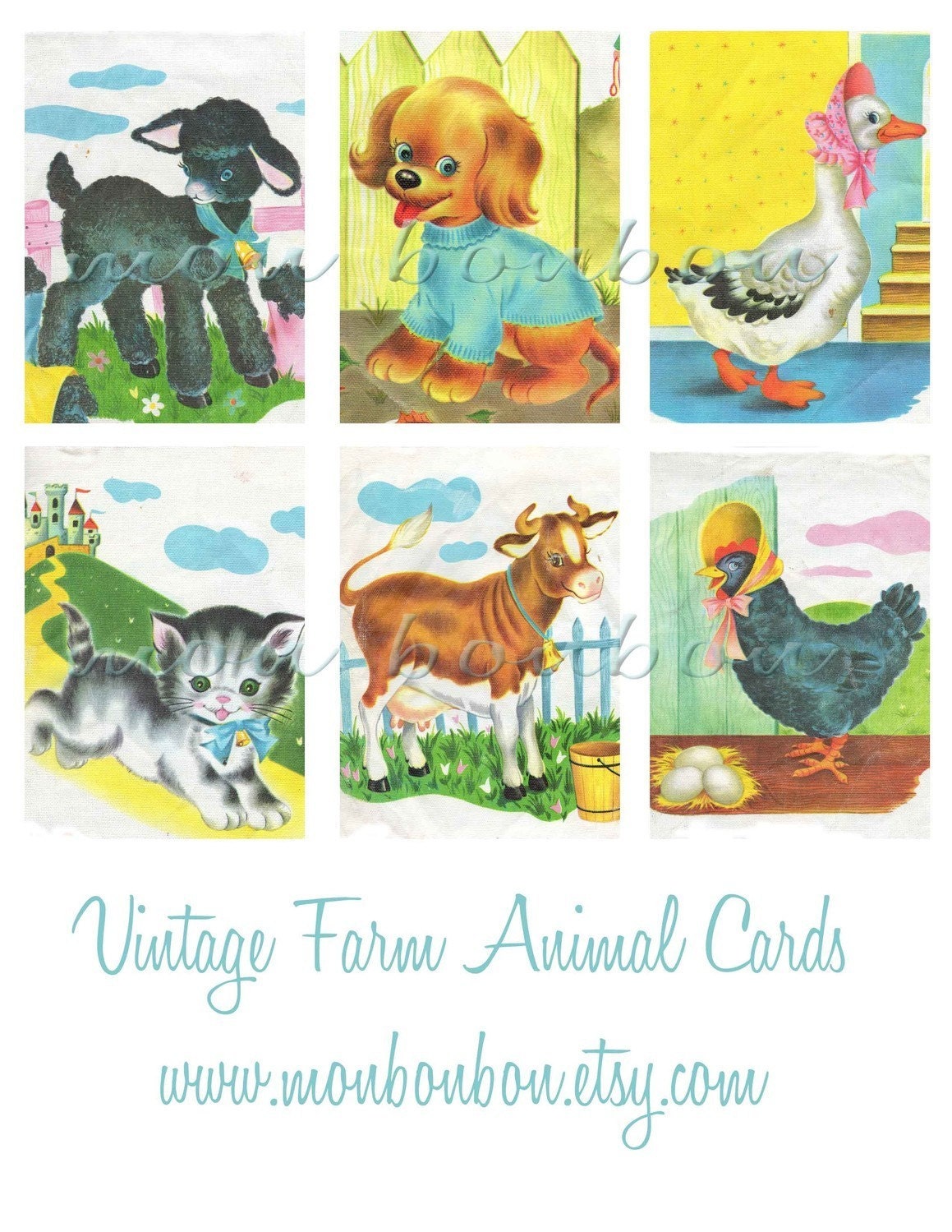 Digital Download Vintage Retro Children's Farm Animal Book Illustrations Collage Sheet - DIY Printable - INSTANT DOWNLOAD