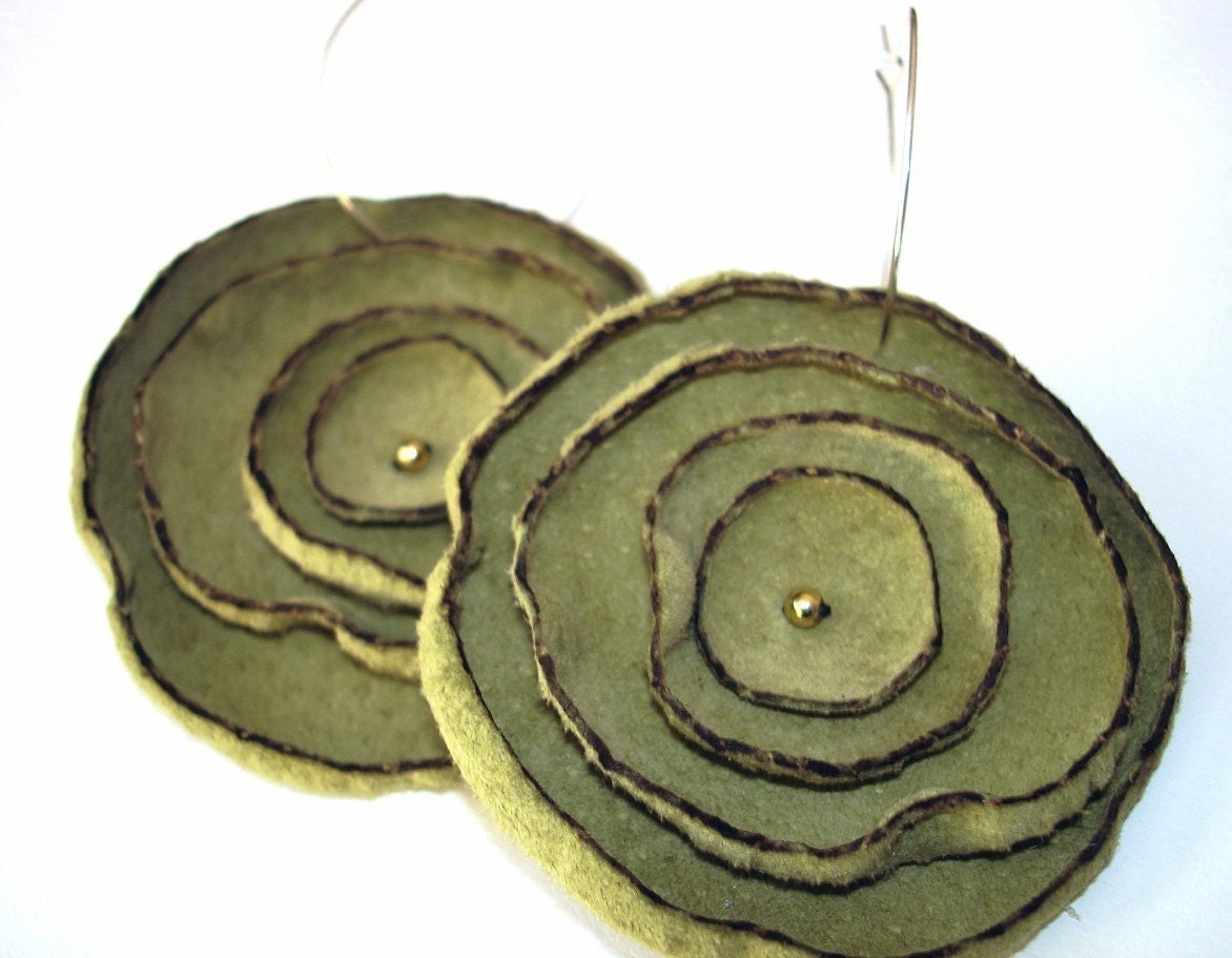 Celery Green Poppies - Recycled Genuine Leather Hoop Earrings (large)
