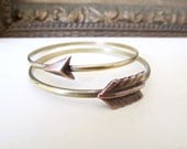 Arrow Head and Feather Bangle Bracelet Set - Brass and Rose Bronze