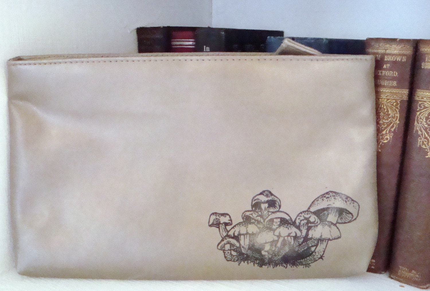 Vintage metallic gold clutch with hand printed mushrooms