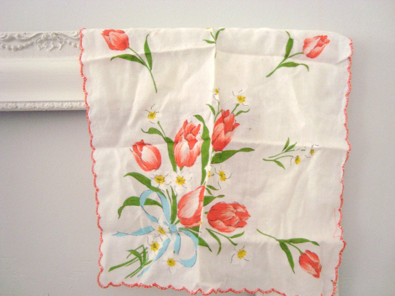 Vintage white and peach floral hankie