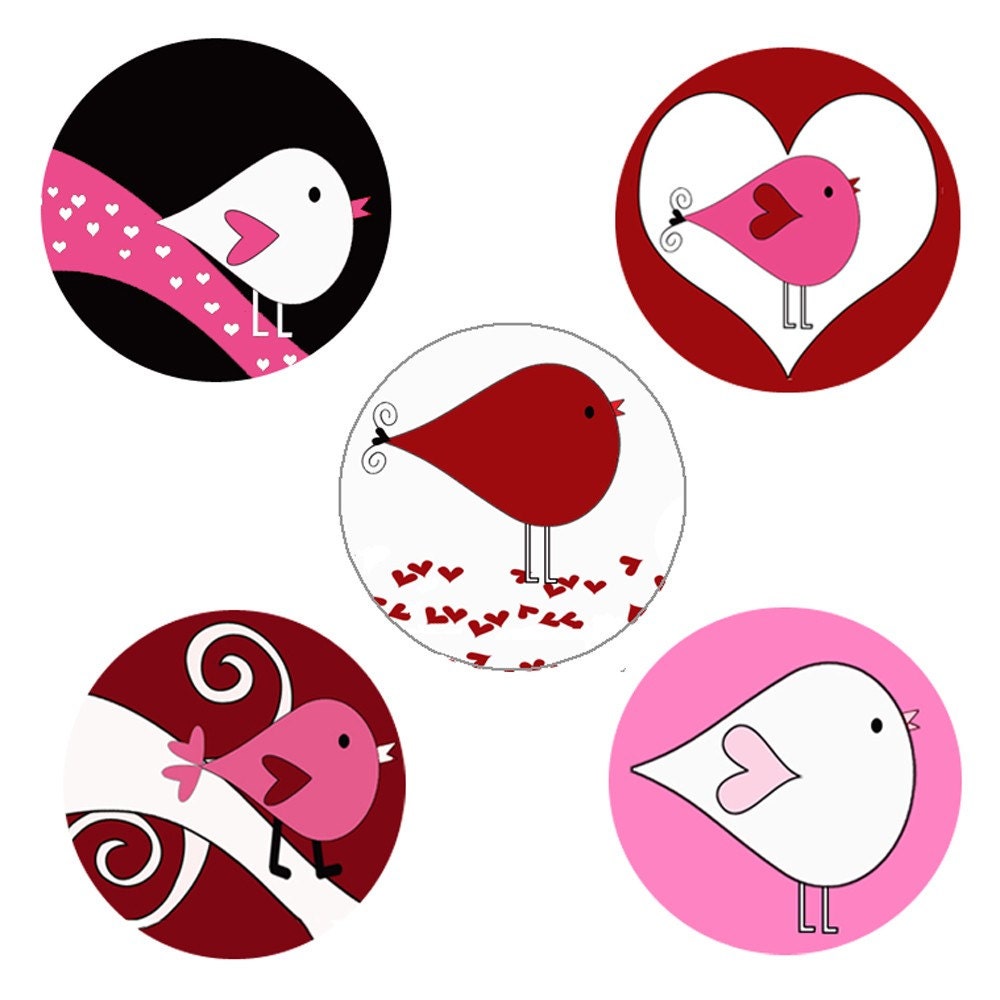 Valentines Day Heart Birds 1 Inch Pinback Buttons OR Magnets OR Flatback Medallion Charms