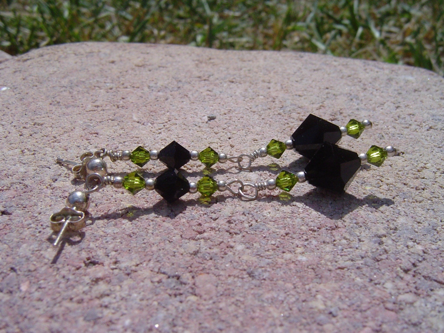 Swarovski And Silver Earrings Jet Black And Olivine Green Swarovski