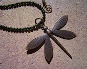 Dragonfly Patrol Big Brass Dragonfly On Dark Green Aventurine and Brass Necklace