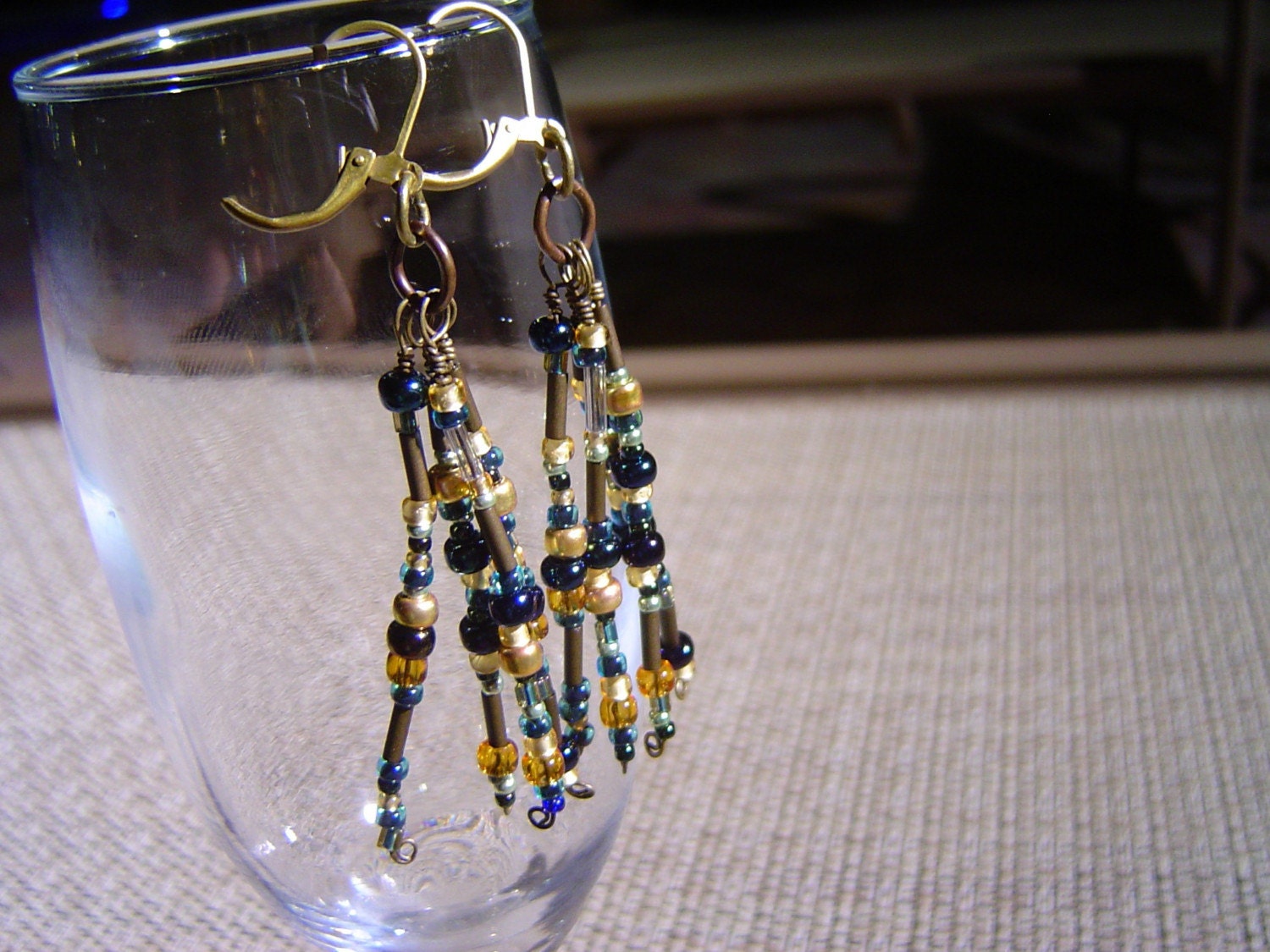 Blues and Golds Seed Bead Tassel Tribal Style Earrings