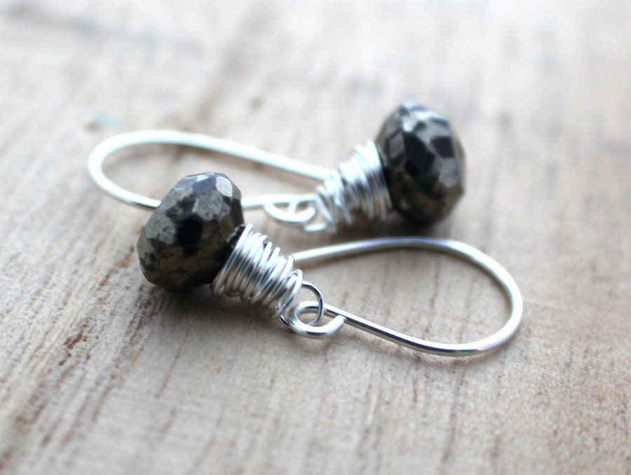 Pyrite Earrings, Sterling Silver Wire Wrapped, Silver and Gold, Rocker Fashion, Metallic Jewelry