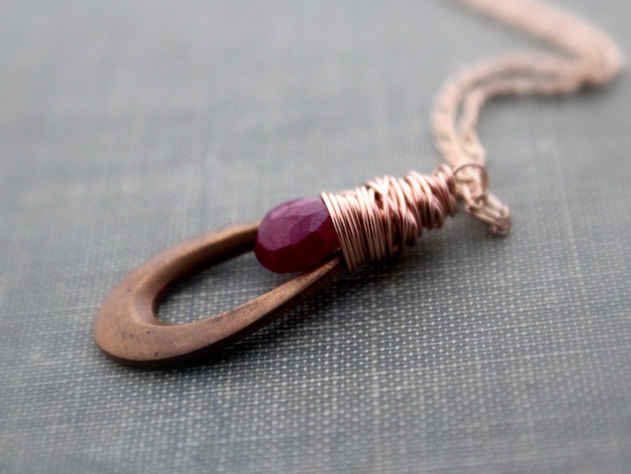 Ruby Necklace Rose Gold- Genuine Ruby Wire Wrapped, Teardrop Necklace, July Birthstone - Bleeding Love