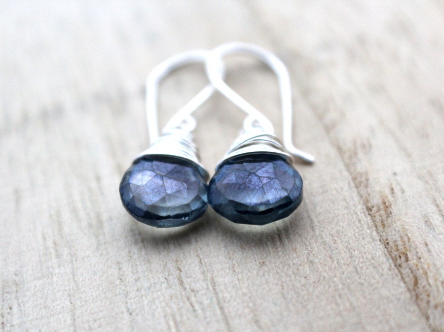 Blue Quartz Earrings, Sterling Silver Wire Wrapped, Gemstone Drop, Gifts Under 30