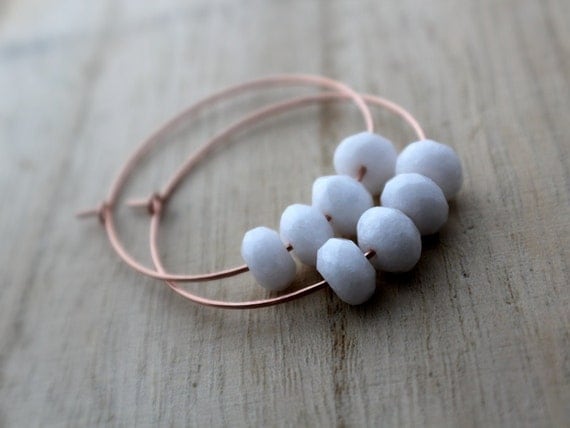 Rose Gold Hoops With White Jade - White Gemstone Hoops, Rose Gold Earrings, Summer Fashion