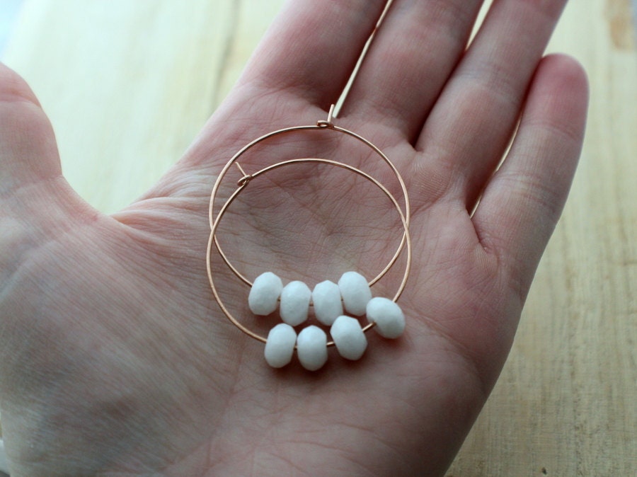 Rose Gold Hoops With White Jade - White Gemstone Hoops, Rose Gold Earrings, Summer Fashion