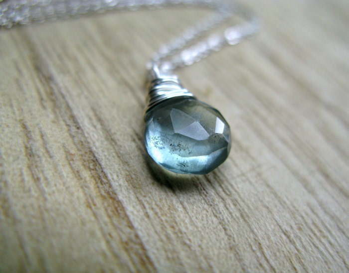 Moss Aquamarine Necklace - Wire Wrapped briolette In Sterling Silver March Birthstone, Ready To Ship
