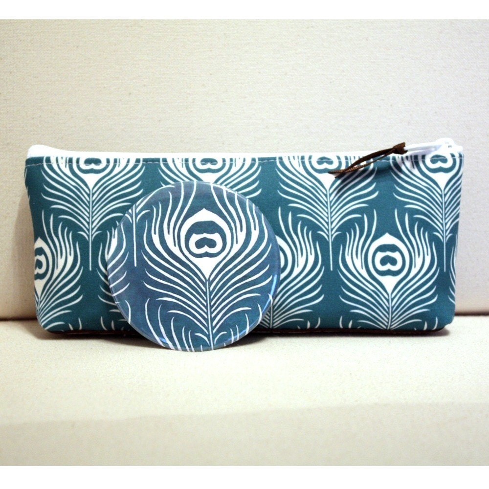 Teal Blue and White Peacock Feather Cosmetic Bag with Matching Mirror