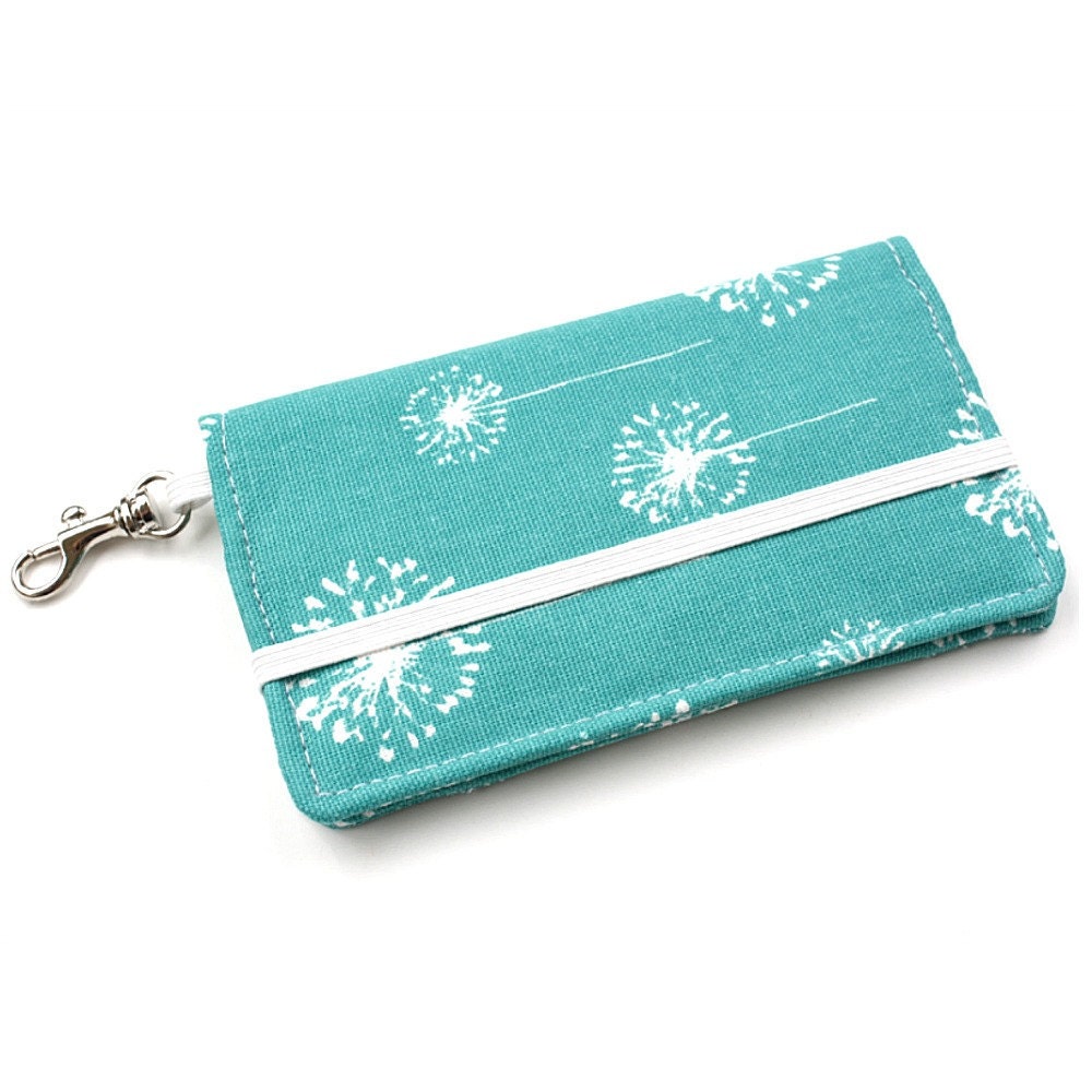 Dandelion Cell Phone Wallet - Turquoise and White Dandelion Print - Smart Phone Wallet - Custom Size
