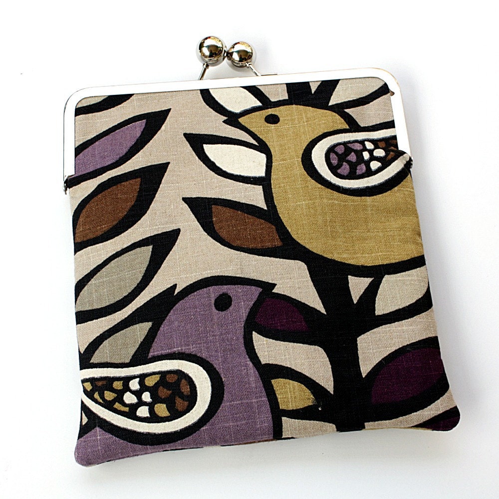 Purple Bird iPad Case or Sleeve with Kisslock Frame - iPad Case or Clutch - Notebook Clutch - Purple and Beige Bird and LeafPrint Linen